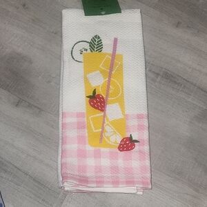 Kate Spade Pink and White Kitchen Towel with Yellow and Green Fruit Design